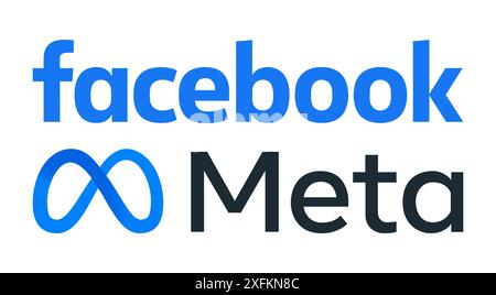 Kiev, Ucraina - 09 dicembre 2021: Logo meta e Facebook, illustrazione vettoriale. Il gigante dei social media Facebook sta rebranding come Meta, CEO Mark Zuckerber Illustrazione Vettoriale