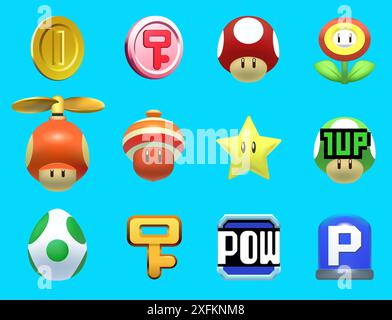 Set di oggetti bonus dal classico videogioco Super Mario Bros U, illustrazione vettoriale. Super Mario Bros U è un videogioco sviluppato da Nintendo Illustrazione Vettoriale