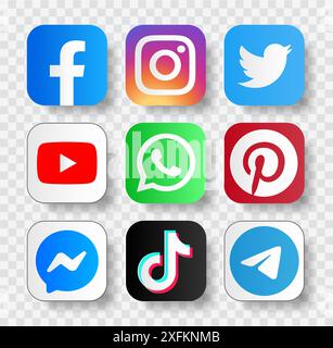 Kiev, Ucraina - 28 settembre 2022: Set di icone popolari per social media e app mobili in formato cartaceo: Facebook, Twitter, Pinterest, Instagram e. Illustrazione Vettoriale