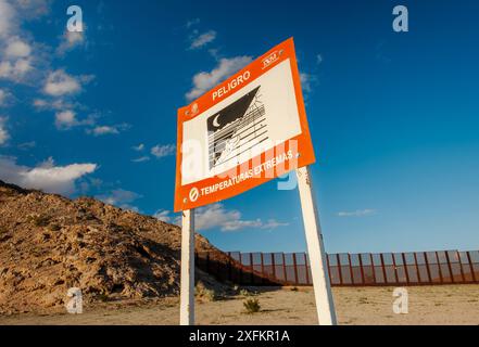 Frontiera muro costruito in acciaio saldato, tra Arizona e Sonora, Messico taglio attraverso il Deserto di Sonora. Pinacate e Gran Deserto Riserva della Biosfera, Messico. Gennaio 2009. Foto Stock