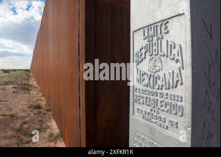 Frontiera muro costruito in acciaio saldato, tra Arizona e Sonora, Messico taglio attraverso il Deserto di Sonora. Pinacate e Gran Deserto Riserva della Biosfera, Messico. Gennaio 2009. Foto Stock