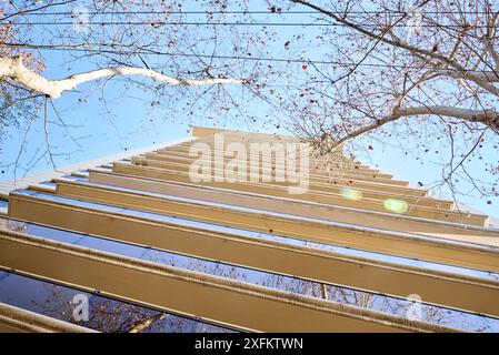 Vista dal basso verso l'alto di un alto edificio residenziale senza persone, cielo pulito, riflesso di alberi sui balconi. Le linee orizzontali accentuano il ge Foto Stock