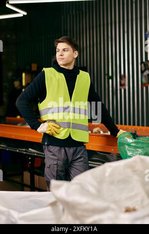 Un giovane volontario in guanti e giubbotto di sicurezza per lo smistamento dei rifiuti in un magazzino. Foto Stock