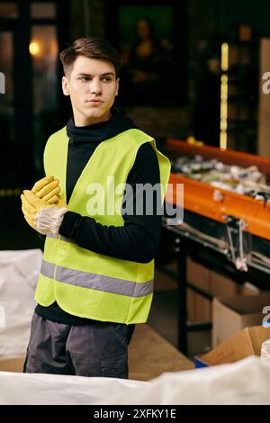 Giovane volontario in gilet di sicurezza giallo, guanti, smistamento dei rifiuti Foto Stock