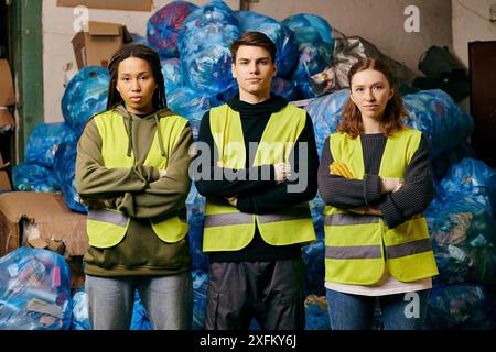 Tre volontari eco-attenti in guanti e giubbotti di sicurezza si trovano davanti a un mucchio di sacchetti di plastica per la selezione dei rifiuti. Foto Stock