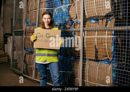 Una giovane donna ha un segnale che sollecita la riduzione dei rifiuti davanti a una recinzione, dimostrando un impegno eco-consapevole. Foto Stock