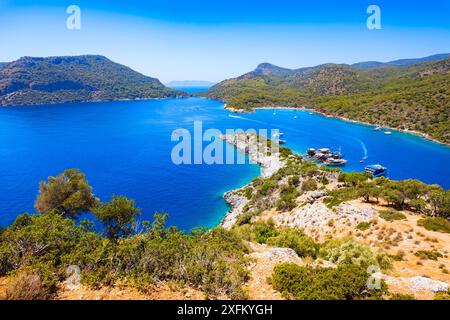 Vista panoramica aerea dell'isola di Gemiler o St. Nicholas vicino al villaggio di Oludeniz, distretto di Fethiye in Turchia Foto Stock