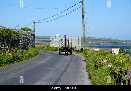 Inishmore, Irlanda, 5 giugno 2024. Cavalli e carrozze sulle isole aran, Inishmore, Irlanda Foto Stock