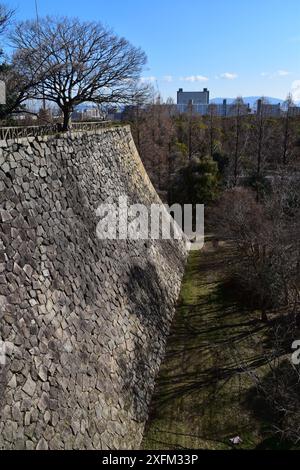 I grandi bastioni murali in pietra e gli ampi fossati che circondano i terreni del Castello di Osaka Foto Stock