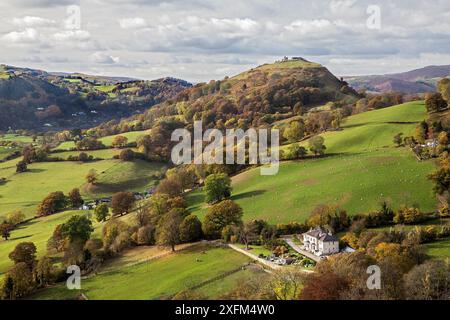 View west from the Panorama walk on the Offa's Dyke path on Ruabon Mountain showing the ruins of Castell Dinas Bran on top of hill near LLangollen Nor Stock Photo