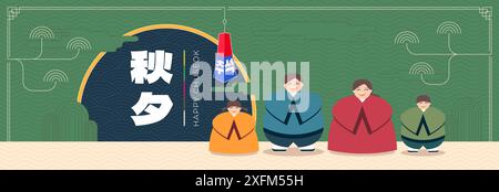 Banner orizzontale Chuseok Holiday. Stampa celebrativa coreana Hangawi. Biglietto per il giorno del Ringraziamento in Corea. Asian Moon Cake, festival del raccolto di metà autunno. Una famiglia felice su uno schema orientale. Traduzione: Chuseok Illustrazione Vettoriale
