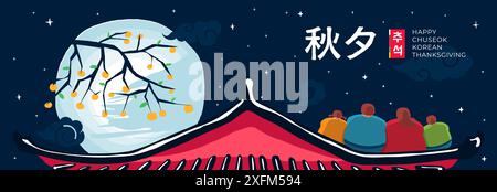 Corea Chuseok stampa orizzontale festività. Festa coreana del giorno del Ringraziamento Hangawi. Festa asiatica del raccolto di metà autunno. Famiglia felice sul tetto di hanok. Albero di cachi sulla luna piena. Traduzione: Chuseok Illustrazione Vettoriale