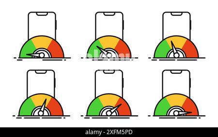 Illustrazione dell'indicatore del test di velocità dello smartphone con segmenti verdi, gialli e rossi. Illustrazione Vettoriale