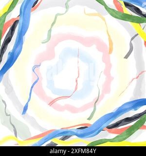 Linee colorate ondulate. Composizione sullo sfondo di un cerchio colorato. Tratti in giallo, nero, rosso, blu, verde. Foto Stock