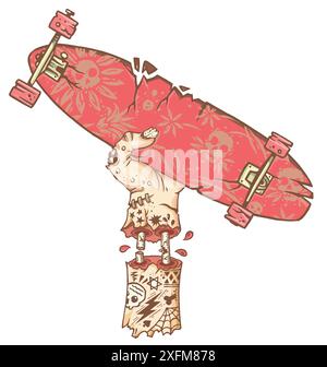 Illustrazione vettoriale, colorata, fatta a mano, in stile cartone animato, con tratti a strisce, di zombie che tengono in mano uno skateboard. Arte per t-shirt, poster. Illustrazione Vettoriale