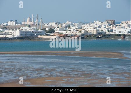 Sur, una città sulla costa di Oman, con velme di marea, banchi di sabbia e barche tradizionali, il sultanato di Oman, febbraio. Foto Stock