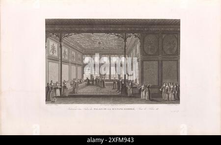 La storia dell'Impero Ottomano. Interno di un salotto del Palazzo del Sultana Hatice (Hadidge), figlia del sultano Selim i e sorella del sultano Solimano il magnifico. Incisione francese del XIX secolo. L'Hatice Sultan Mansion (turco: Hatice Sultan Yalısı), una storica yalı (inglese: Waterside Mansion) situata a Bosforo nel quartiere Ortaköy di Istanbul, Turchia, e prende il nome dal suo proprietario originale Hatice Sultan, è oggi utilizzata come edificio di un club di sport acquatici. Foto Stock