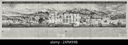 Antica mappa di Lisbona. La grande città portoghese di Lisbona, una delle città più famose per l'intera India orientale e occidentale. Amsterdam : Joducus Hondius, 1619. Foto Stock