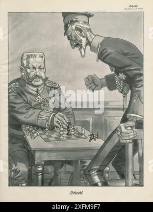 Prima guerra mondiale Schach! Caricatura politica anti-russa tedesca. 1916 Paul von Hindenburg (comandante delle truppe tedesche sul fronte orientale) viene sconfitto dal granduca Nicola Nikolaevich di Russia (comandante in capo dell'esercito russo) Foto Stock