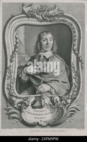 Ritratto di Philips Wouwerman. 1650 Philips Wouwerman (anche Wouwermans) (24 maggio 1619 – 19 maggio 1668) è stato un pittore olandese di scene di caccia, paesaggio e battaglia. Divenne prolifico durante il secolo d'oro olandese e si unì alla Gilda di San Luca di Haarlem. Foto Stock