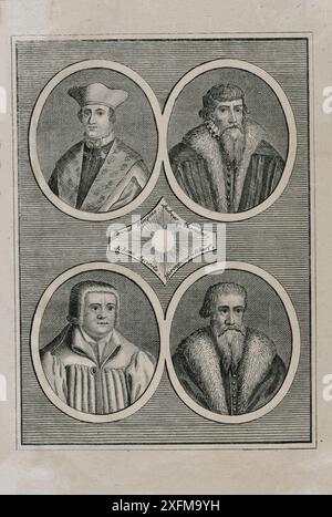 Ritratti di Conrad Wimpina, Andreas Musculus, Johann agricola, Hieronymus Schurf. 1700 Konrad Wimpina (Wiminae, Wiminesis; vero nome Konrad Koch) (1465-1531) è stato un teologo cattolico tedesco e umanista del primo periodo della riforma. Andreas Musculus (latinizzato per Andreas Meusel; 1514–1581) è stato un teologo tedesco luterano e riformatore protestante. Johann o Johannes agricola (originariamente Schneider, poi Schnitter; 1494–1566) è stato un riformatore protestante tedesco durante la riforma protestante. Era un seguace e amico di Martin Lutero, che divenne il suo antagonista in materia di t Foto Stock