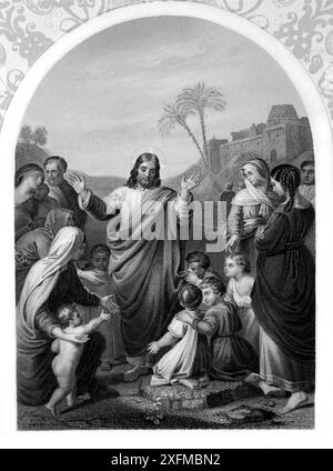 Incisione di Gesù Cristo Benedizione bambini (Vangelo di Marco) dall'Antica Ottocento la Bibbia Imperiale illustrata Foto Stock