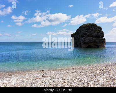Spiaggia di ghiaia e una pila su un tranquillo Mare del Nord al largo della costa inglese a South Shields, Inghilterra. Foto Stock