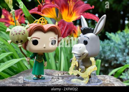 Funko Pop action figure della principessa Fiona e Donkey del popolare film d'animazione Shrek. Foresta delle fate, ceppi di alberi, fiori d'arancio, personaggi favolosi. Foto Stock