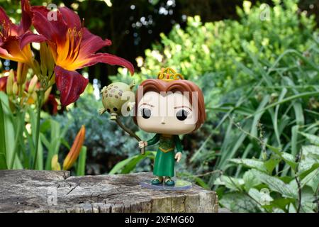 Funko Pop action figure della principessa Fiona dal popolare film d'animazione Shrek. Foresta delle fate, ceppi di alberi, splendidi fiori d'arancio, carattere favoloso. Foto Stock