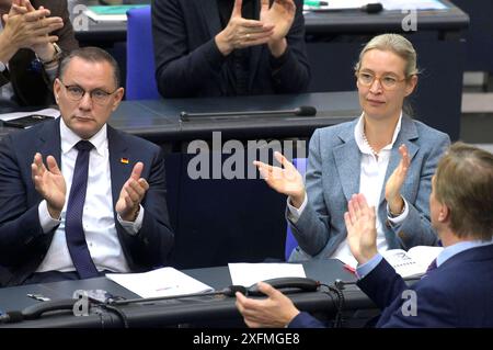 Tino Chrupalla e Alice Weidel nel der 181. Sitzung des Deutschen Bundestages im Reichstagsgebäude. Berlino, 04.07.2024 foto:XF.xKernx/xFuturexImagex bundestagssitzung181 4749 Foto Stock