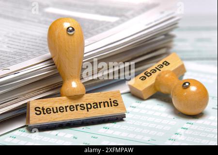 Steuerersparnis Ein Holzstempel ist bedruckt mit der Aufschrift: Steuersparnis *** risparmi fiscali Un timbro in legno è stampato con l'iscrizione Tax sa Foto Stock