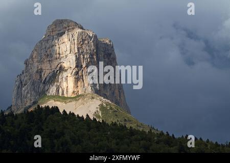 Mont Aiguille calcare mesa nella regione Chichilianne Isere Parco naturale regionale del Vercors, Francia, giugno 2016. Foto Stock