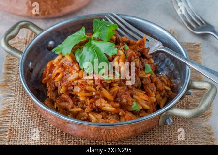 Pasta orzo alla bolognese con tritacarne senza carne Foto Stock