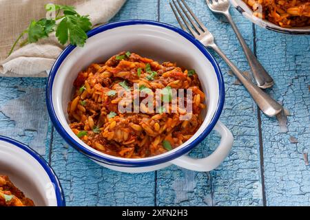 Pasta orzo alla bolognese con tritacarne senza carne Foto Stock