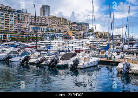 Barche ormeggiate nel porto turistico di Port Hercule a Monte Carlo, Principato di Monaco sulla Costa Azzurra, Côte d'Azur Foto Stock