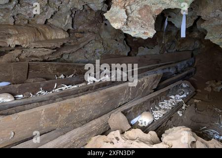 Teschi e ossa umani in vaschette di legno, sito di sepoltura tradizionale di un'antica cultura all'interno della grotta di Tsingy Rocks, riserva privata di Anjajavy, Madagascar nord-occidentale, agosto 2016. Foto Stock