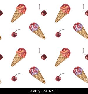 Coni di gelato, waffle e ciliegie con motivo ad acquerello senza cuciture. Scottante clipart dipinto a mano per tessuti, carta da parati, imballaggi. Tessuto dolce a tema dessert per decorazioni estive e scrapbooking Foto Stock