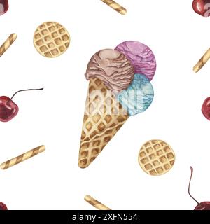 Coni di gelato, waffle e ciliegie con motivo ad acquerello senza cuciture. Scottante clipart dipinto a mano per tessuti, carta da parati, imballaggi. Tessuto dolce a tema dessert per decorazioni estive e scrapbooking Foto Stock