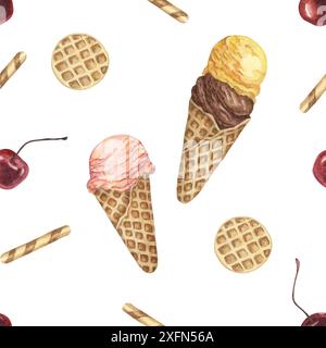 Coni di gelato, waffle e ciliegie con motivo ad acquerello senza cuciture. Scottante clipart dipinto a mano per tessuti, carta da parati, imballaggi. Tessuto dolce a tema dessert per decorazioni estive e scrapbooking Foto Stock