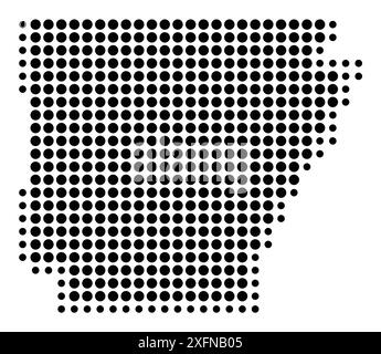 Mappa dei simboli dello Stato dell'Arkansas (Stati Uniti d'America) che mostra lo stato con un motivo di cerchi neri Illustrazione Vettoriale