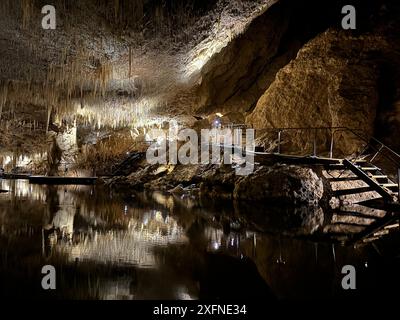 Interno della grotta del lago pieno di stalattiti e stalagmiti, situato a Forest Groove, Australia sud-occidentale Foto Stock