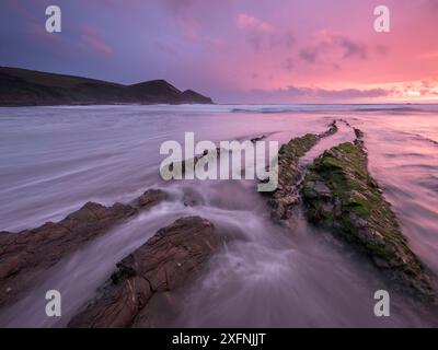 Spiaggia di Crackington Haven, tramonto, Cornovaglia settentrionale, Regno Unito. Giugno 2016. Foto Stock