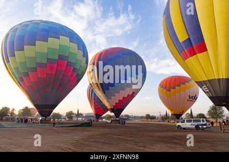 Mongolfiere che decollano all'alba; mongolfiera come sport, hobby o attività ricreative; voli atmosferici all'alba e all'alba; Messico Foto Stock