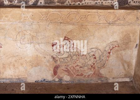 Arte mesoamericana, murale di Teotihuacan; pittura di un gatto felino, forse un giaguaro; Palazzo di Quetzalpapálotl; antica Teotihuacan pre-ispanica; Messico Foto Stock