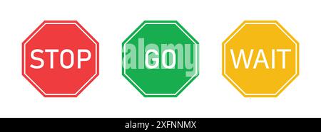 Illustrazione vettoriale del segnale Stop, Go e Wait. Cartelli Stop, Wait and Go di colore rosso, giallo e verde. Set di icone vettoriali segnaletica stradale. Illustrazione Vettoriale