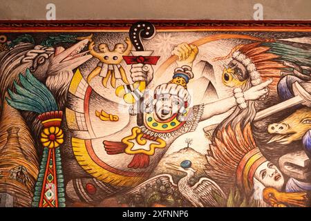 Dettaglio di uno storico murale Tlaxcala di desiderio Hernández Xochitiotzin, Palazzo del governo, Tlaxcala, Messico Foto Stock