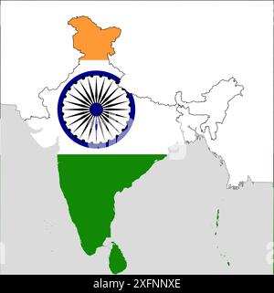 Grafico mappa India, colore ufficiale bandiera indiana, nazione regione dell'atlante Indiano, bandiera 26 gennaio, bandiera 15 agosto, slogan patriottico dell'India, Tiranga Illustrazione Vettoriale