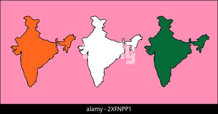 Grafico mappa India, colore ufficiale bandiera indiana, nazione regione dell'atlante Indiano, bandiera 26 gennaio, bandiera 15 agosto, slogan patriottico dell'India, Tiranga Illustrazione Vettoriale
