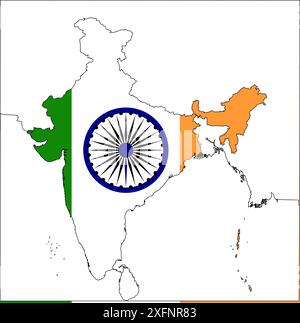 Grafico mappa India, colore ufficiale bandiera indiana, nazione regione dell'atlante Indiano, bandiera 26 gennaio, bandiera 15 agosto, slogan patriottico dell'India, Tiranga Illustrazione Vettoriale
