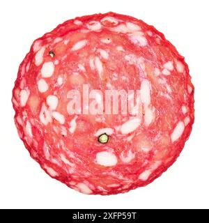 Vista ravvicinata di un salame tagliato a fette sottili isolato su uno sfondo bianco, evidenziando la sua colorazione rosa e grassa. Foto Stock